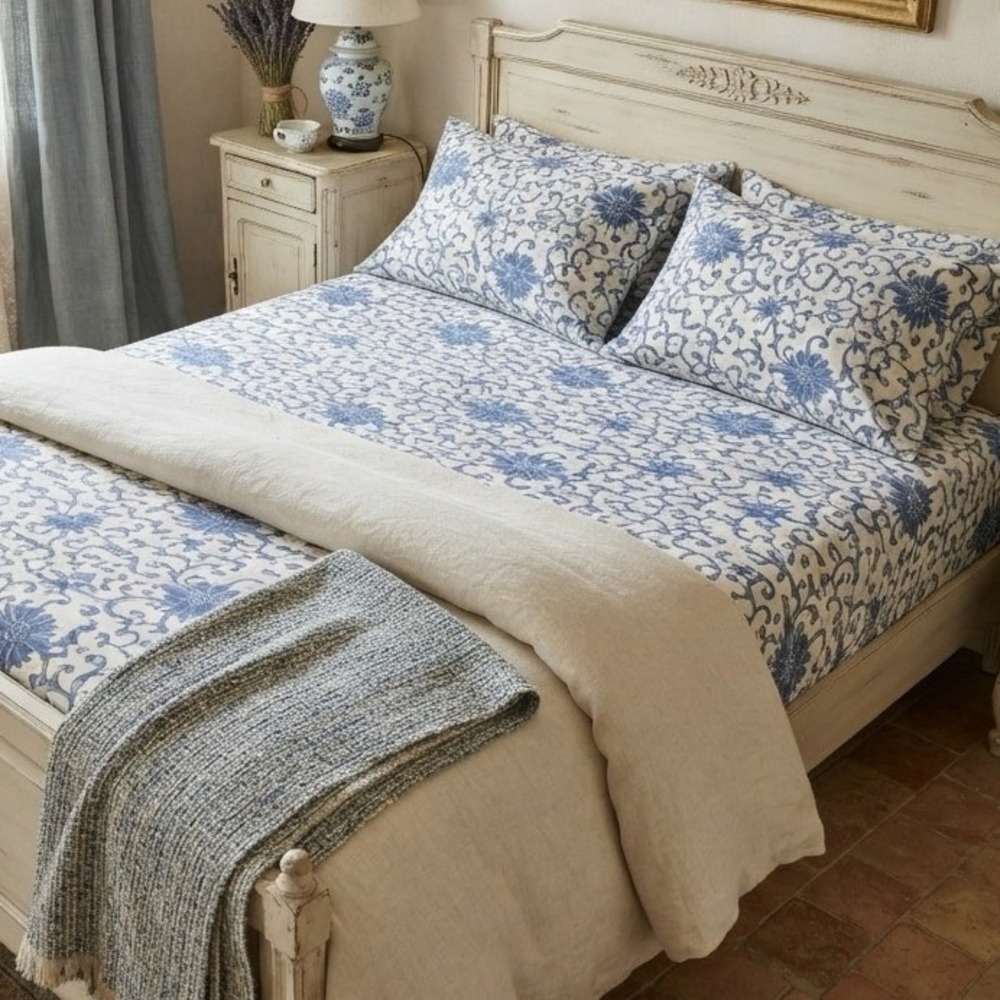 Lauren Ralph Lauren Porcelain Rosette Floral Cotton Flat Sheet Blue Queen french